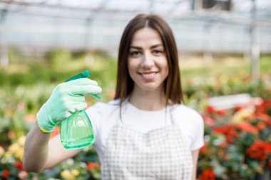 Gardening concept. Pretty smiling woman in apron holding sprayer in hand and looking to camera, standing in modern greenhouse on the background of plants and flowers. Focus on the sprayer