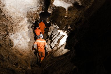 Üç adam, güçlü vücutlu, mağarayı keşfedin. Mağaradan geçmek için özel giyinmiş adamlar durup haritaya baktılar..