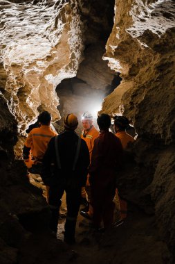 Beş adam, güçlü vücutlu, mağarayı keşfedin. Mağaradan geçmek için özel giyinmiş adamlar durup haritaya baktılar..