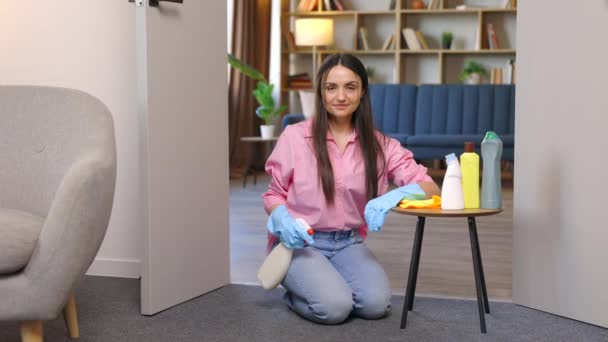 Mujer Joven Sentada Cerca Mesa Con Productos Limpieza Casa — Vídeo de stock