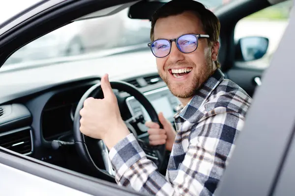 Man Customer Sitting Car Salon Higgind Steering Wheel Choosing Auto Image En Vente