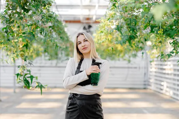 Kendine güvenen bahçıvan elinde sprey şişesiyle serada dikiliyor, çiçeklerle ilgileniyor ve gülümsüyor.