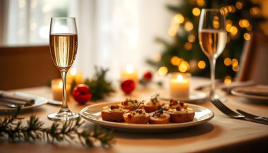 New Year's Table with Light Dish and Dessert Under Warm Light clipart