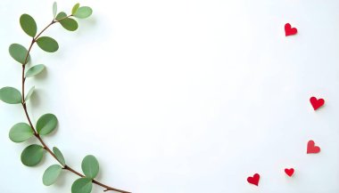 Minimalist Sevgililer Günü tebrik kartı şablonu, içinde güller, beyaz arka planda yeşil dallar. Aşık olmak.