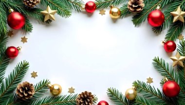 Noel kartı şablonu, köknar dalları, koniler ve sarı-kırmızı Noel topları. Aile sevinci