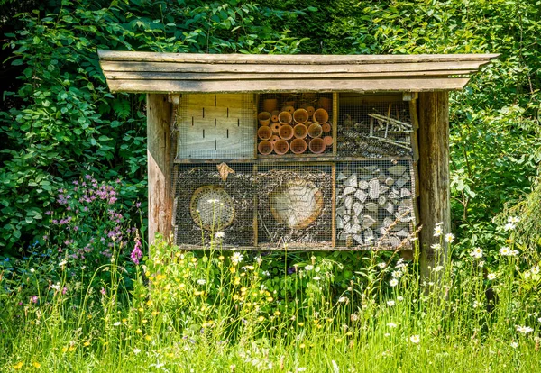 Wooden insect hotel in spring meadow, a bug house in a flower field
