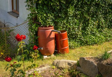 Rain barrel on house facade, collecting and reusing rain water in the garden clipart