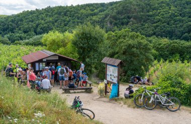 Znojmo, Çek Cumhuriyeti, 06.07.2023, Turistler Dyje nehrinin etrafındaki üzüm bağlarıyla vadideki küçük bir kulübede yerel şarap tadıyorlar.