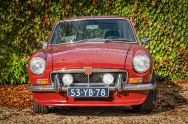 Brummen, Hollanda, 14.10.2023, 1973 'teki Galeri Aaldering' de MGB GT V8 klasik arabasının ön görüntüsü.
