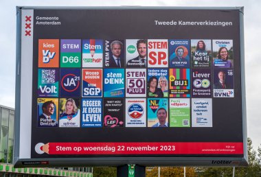 Amsterdam, Hollanda, 03.11.2023, Billboard ve siyasi partiler 22 Kasım 2023 'te yapılacak olan Temsilciler Meclisi için yapılacak Hollanda seçimlerine katılacaklar.