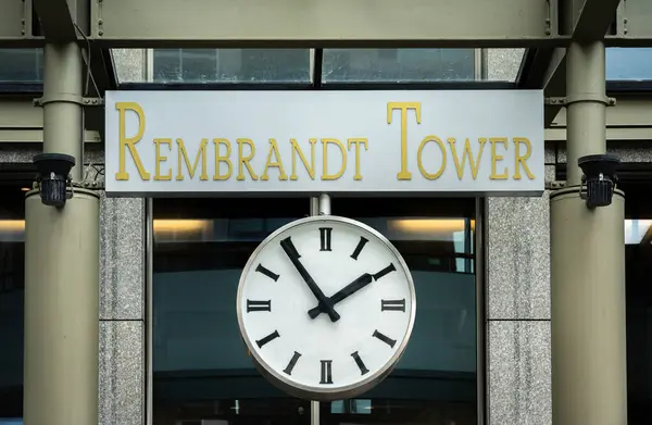 Amsterdam Netherlands 2024 Rembrandt Tower Office Skyscraper Amsterdam Sign Clock — Stock Photo, Image