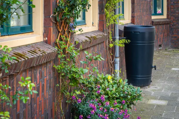 Hollanda şehir caddesinde yağmur varili, yağmur suyunu bahçe ya da ev halkı için saklıyorum.