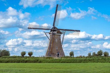 Güneşli bir yaz gününde geleneksel yel değirmeniyle Hollanda kırsalında