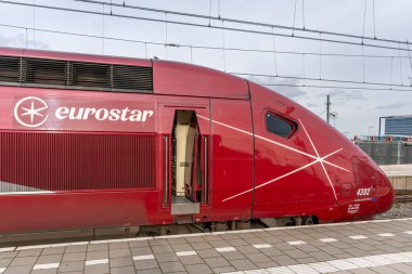 Amsterdam, Hollanda, 13.10.2024, Eurostar treni Amsterdam merkez tren istasyonunda, Eurostar Group tarafından işletilen yüksek hızlı demiryolu hizmeti