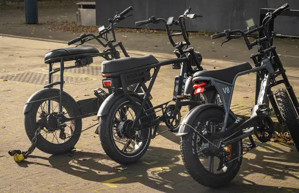 Amsterdam, Hollanda, 22.10.2024, Fatbike 'lar sokağa park edilmiş, büyük lastikleri olan elektrikli bisikletler gençler arasında popülerdir.