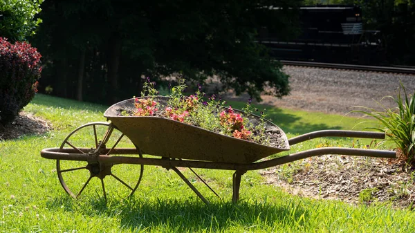 Een Roestige Antieke Kruiwagen Gevuld Met Bloemen Zittend Groen Gras — Stockfoto