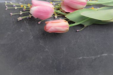 Üç adet pembe ve beyaz lale demeti. Çerçevenin üstünde, mermer bir arka planda..