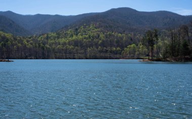 Watauga Gölü, Hampton, Tennessee 'nin karşısındaki Pond Dağı' nın huzurlu, ilkbahar sabahı manzarası.