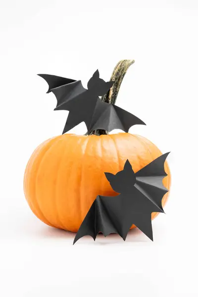 stock image Pumpkin with black, paper bats isolated on white background with shadows.  Vertical.