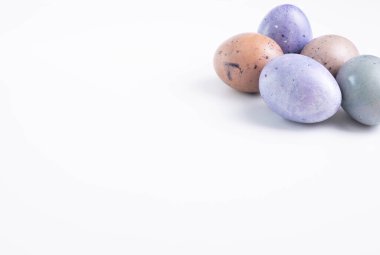 Doğal yabanmersini boyalı renkli yumurtalar. Beyaz arka planda Paskalya yumurtaları.