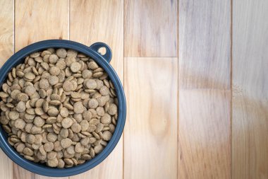 Çıtır çıtır, kuru hayvan mamaları ya da siyah bir kasede ceviz ağacı, ahşap döşeme üzerinde yemek..