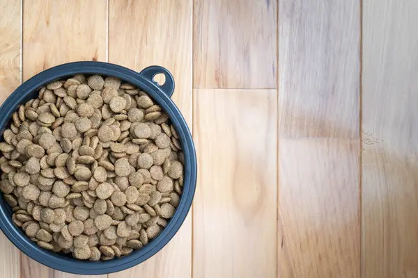 Çıtır çıtır, kuru hayvan mamaları ya da siyah bir kasede ceviz ağacı, ahşap döşeme üzerinde yemek..