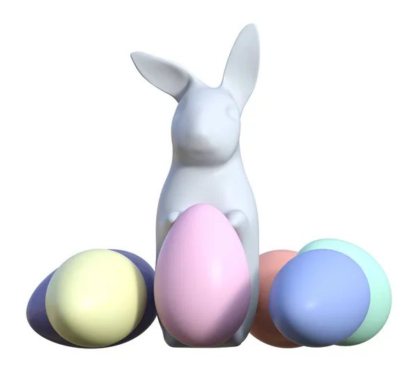 Renkli Pastel Yumurta Llüstrasyonlu Gri Seramik Paskalya Tavşanı — Stok fotoğraf