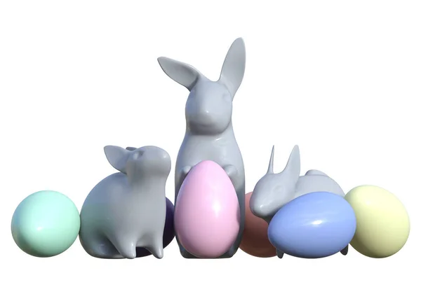 Renkli Pastel Yumurta Llüstrasyonlu Gri Seramik Paskalya Tavşanı — Stok fotoğraf