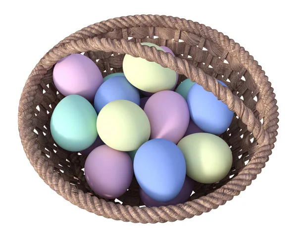 Μεμονωμένα Πασχαλινά Χρωματιστά Αυγά Ξύλινο Καλάθι Εικονογράφηση Λευκό Φόντο Render — Φωτογραφία Αρχείου