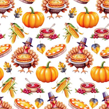 Suluboya Şükran Günü hindisi, balkabağı turtası ve sonbahar yaprakları pürüzsüz desen