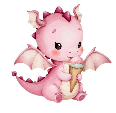 Kremalı ve pembe kremalı sevimli çizgi film ejderhası.