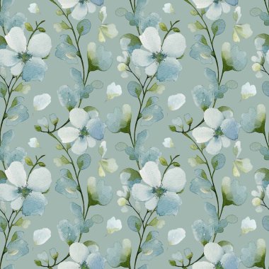 Bahar çiçekleri ve yapraklarıyla sulu boya deseni