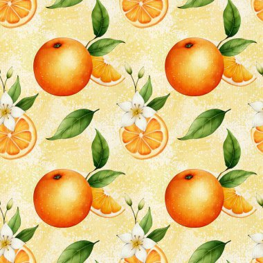 Portakallar, yapraklar ve çiçeklerle sulu boya deseni