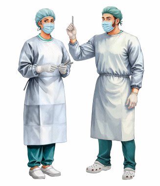 Koruyucu eldivenli ve suluboya resimli maskeli cerrahlar. 