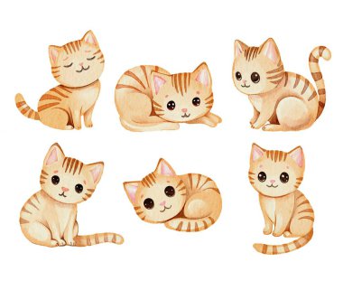 Kedi ve kedi yavrularının farklı pozlarda olduğu şirin çizgi film kedileri.