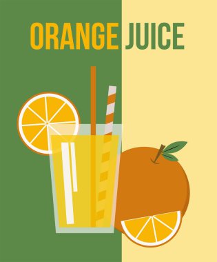 Bir bardak portakal suyu ve portakal suyu. Düz vektör çizimi. Retro biçimi