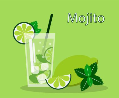 Limonlu mojito, naneli buz. Düz vektör illüstrasyonu