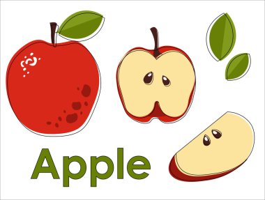 Flat  vector apple with line. Red apple slices on white background