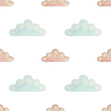 Beyaz arka plandaki küçük bir bebek için kusursuz suluboya deseni izole edilmiş açık mavi ve pembe bulutlar.