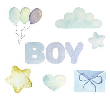 Cute set of watercolor isolated light blue elements for a little boy. Clouds, balloons, stars, letters, stars.