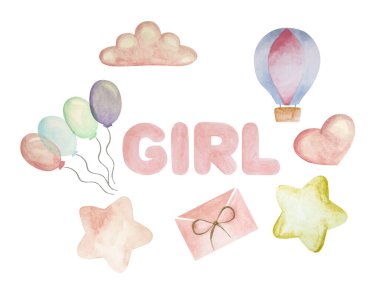 Cute set of watercolor isolated pink elements for a little baby girl. Clouds, balloons, stars, letters, stars.