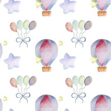 Seamless pattern of watercolor isolated elements for a baby on white background.Balloons, stars.