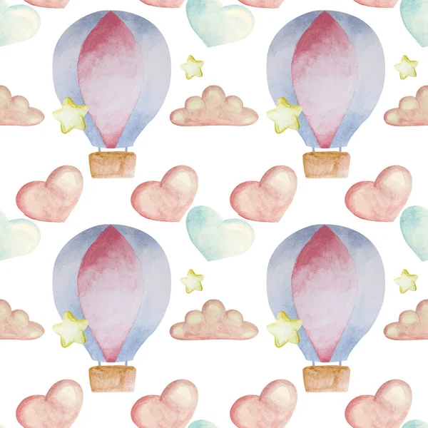 Seamless pattern of watercolor isolated balloons  and stars for a little baby on white background.Static calm pattern.Pattern for baby bed linen.