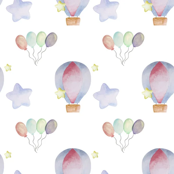 Seamless pattern of watercolor isolated balloons  and stars for a little baby on white background.Static calm pattern.Pattern for baby bed linen.