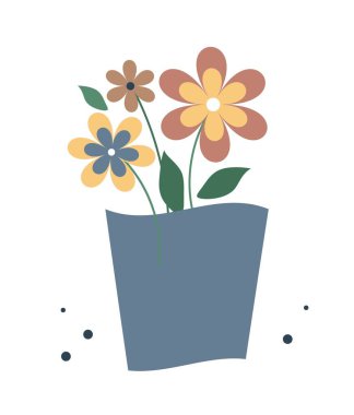Vector flat illustration primitive flowers. Isolated flowers in a pot on a white background.
