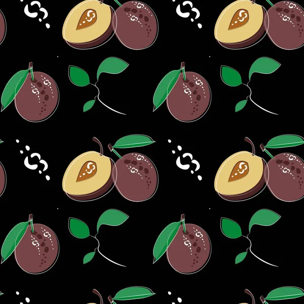 Vector seamless pattern of plums and leaves on dark background. Plum branches. Summer pattern