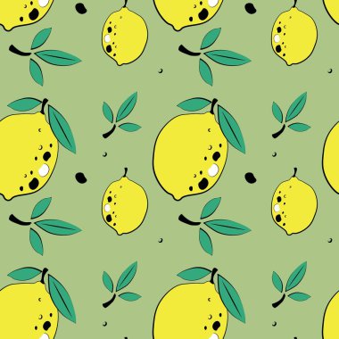 Seamless pattern of vector lemons on green  background. Yellow lemons. Summer fruit pattern.