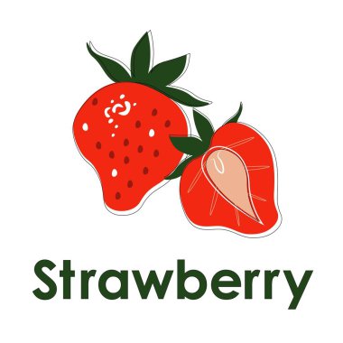 Flat  vector strawberry with  thin black line on white background