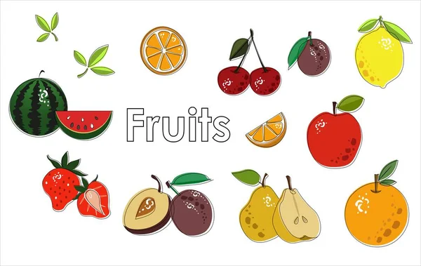 Vector Different Fruits White Background Black Line Flat Fruits — Vetor de Stock