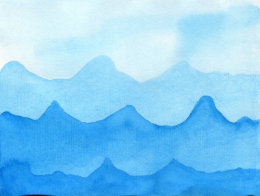 Mavi suluboya arkaplan. Boyalı dağlar. El çizimi..